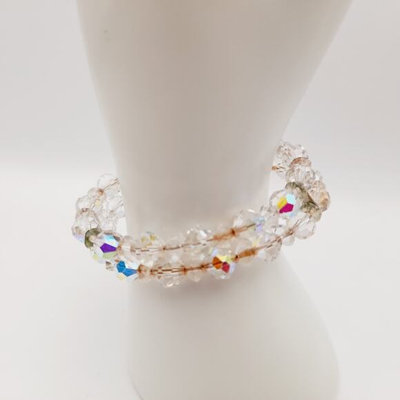 Vintage 1950s Clear Aurora Borealis Crystal Bracelet – Two Strand Memory Wire - Picture 3 of 9